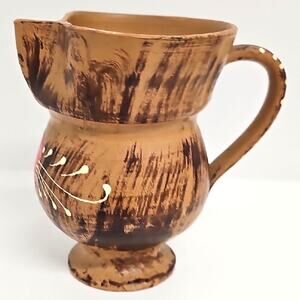 Italian Artisan Handmade Brown and Tan with Floral Design Ceramic Pitcher Vase